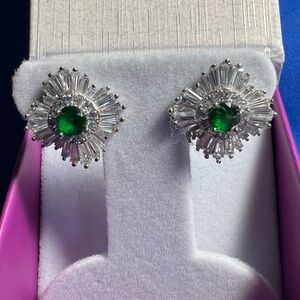 Sterling silver starburst cubic zirconia and emerald earrings